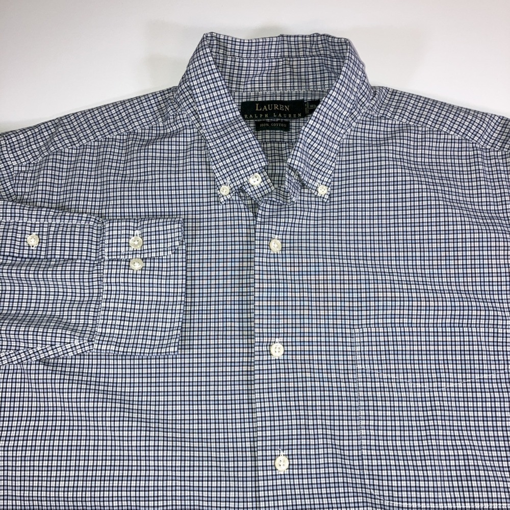 Lauren Ralph Lauren Mens Shirt 16.5 Black‎ Blue Micro Gingham Check Long Sleeve